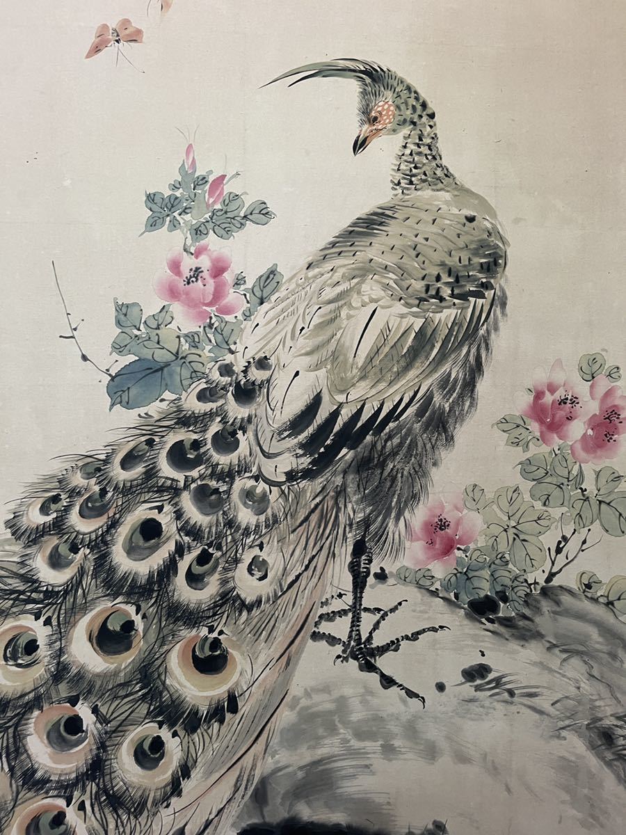 屏風 花鳥 孔雀 鷲 鷹 鳥 日本画家 肉筆 在銘不明 金屏風 4つ折り