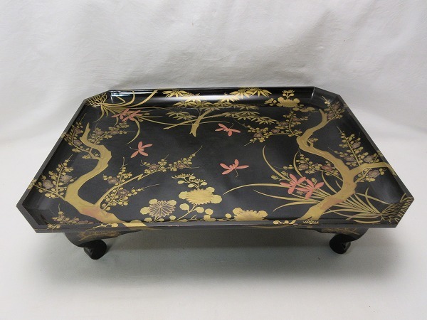 Bibian 比比昂- M411920【 美品茶道具高級木製黒塗金彩花蒔絵四足花台  