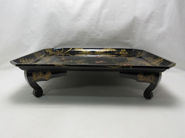 美品 茶道具 高級 木製黒塗 金彩花蒔絵 四足花台 卓 香炉台 置台 盆景 等 美品 茶道具 高級 木製黒塗 金彩花蒔絵 四足花台 卓 香炉台