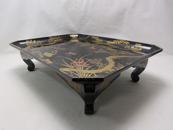 Bibian 比比昂- M411920【 美品茶道具高級木製黒塗金彩花蒔絵四足花台  