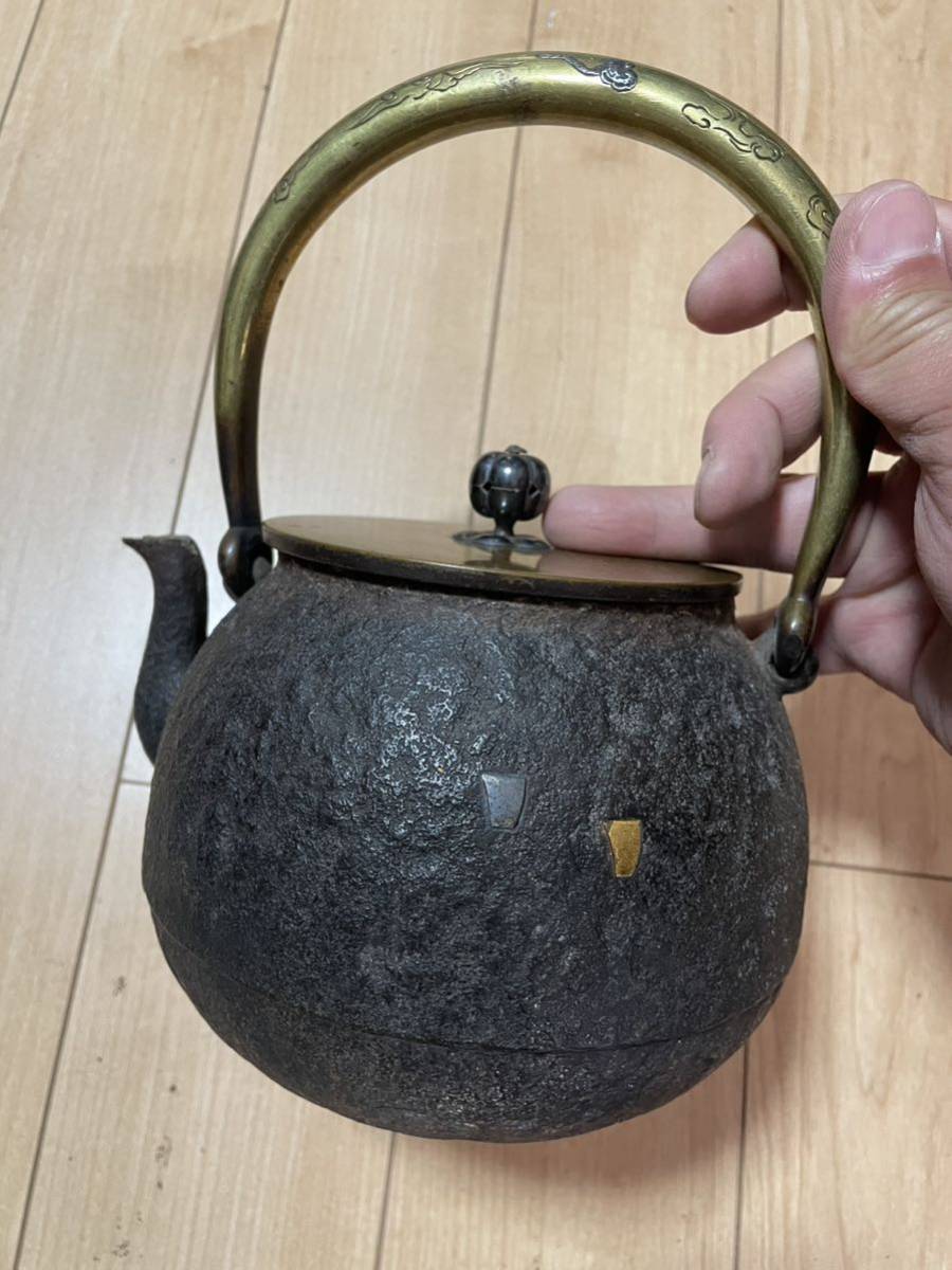 金龍堂 鳳凰雨龍文時代鉄瓶 弦象嵌 煎茶道具