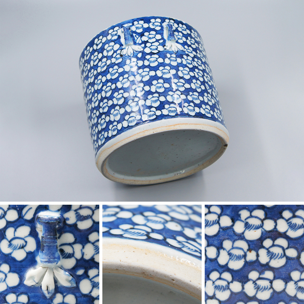 瓷】☆ 瓷器 青花留白冰梅紋竹節罐 ☆清代梅花 竹葉 染付文様明