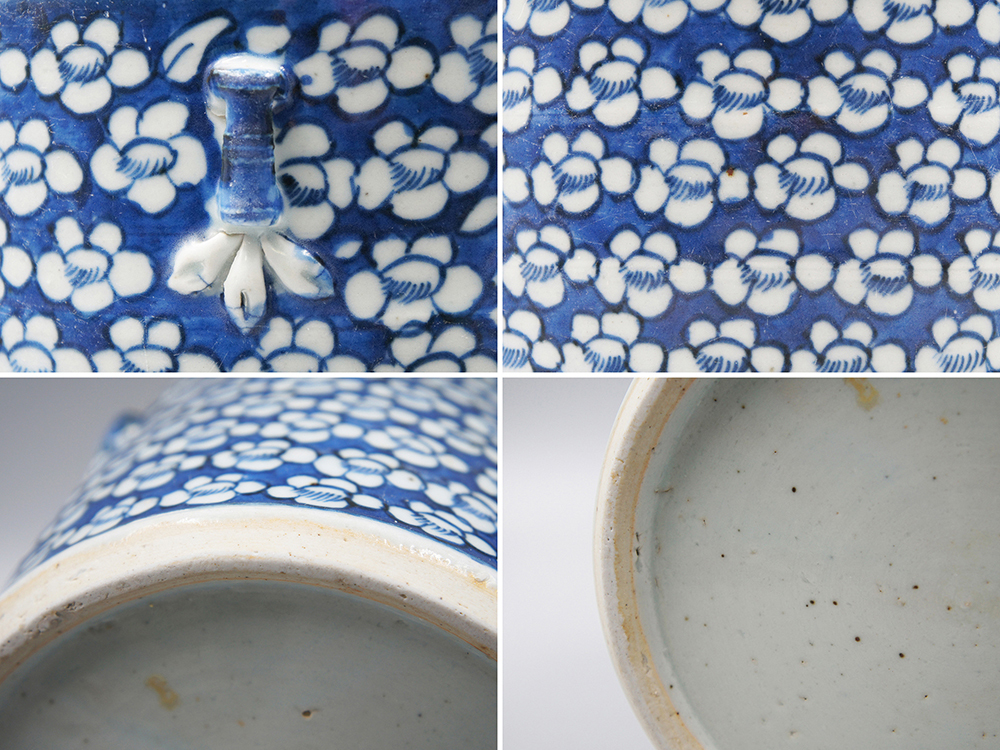 瓷】☆ 瓷器 青花留白冰梅紋竹節罐 ☆清代梅花 竹葉 染付文様明