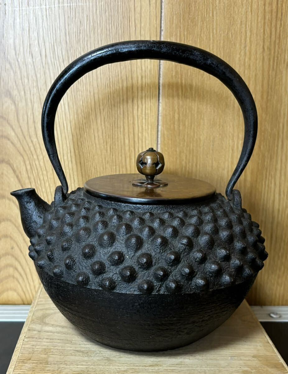 時代 斑紫銅蓋 銀象嵌 提手肩霰 平形鉄瓶