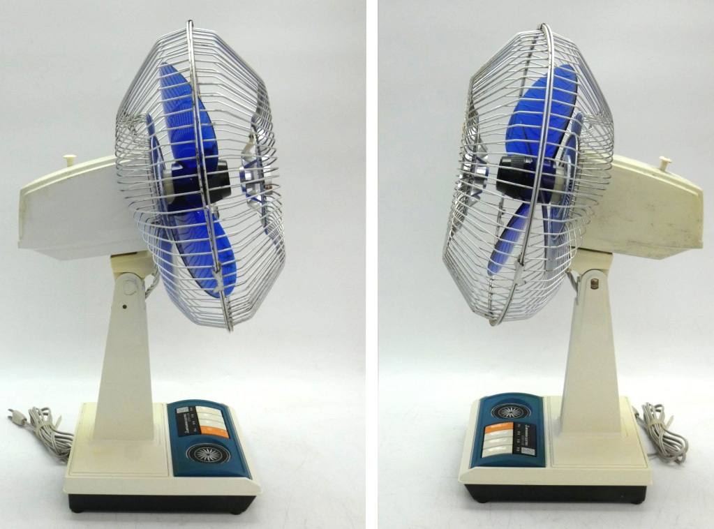 昭和レトロポップ青緑白ビンテージ扇風機 ボタン式三菱電気d30-lp