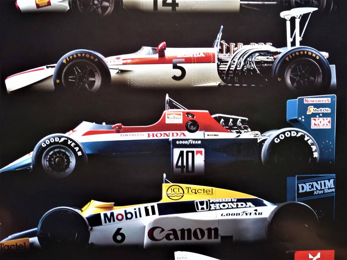 ホンダ純正ポスター ホンダF1 第2期までのマシン７台 RA271 RA272 RA300 RA301 スピリッツ201C ウイリアムズFW11 マクラーレンMP4/6 未使用 Bibian 比比昂 - ホンダ純正ポスター ホンダF1 第2期までの