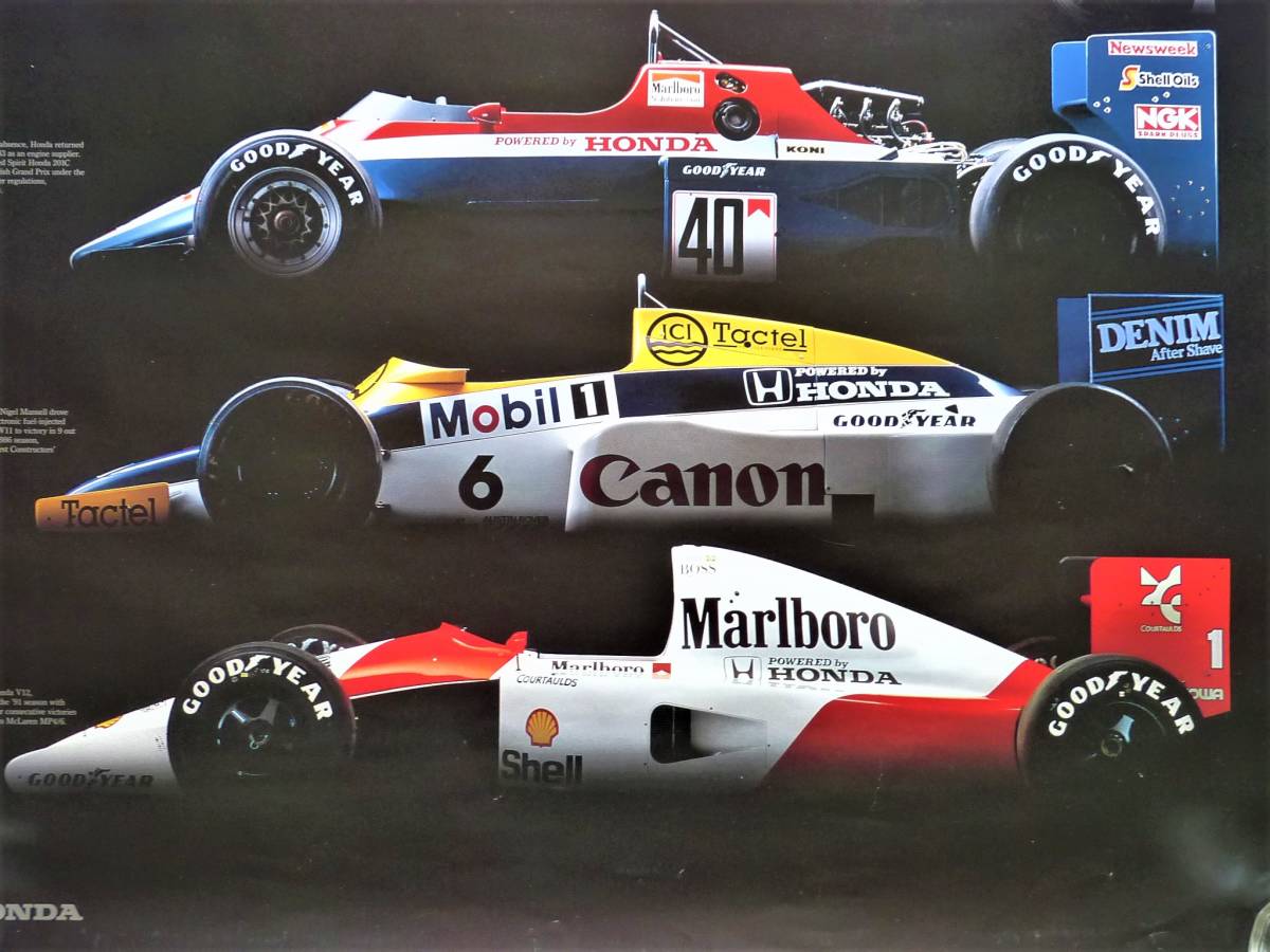 ホンダ純正ポスター ホンダF1 第2期までのマシン７台 RA271 RA272 RA300 RA301 スピリッツ201C ウイリアムズFW11 マクラーレンMP4/6 未使用 Bibian 比比昂 - ホンダ純正ポスター ホンダF1 第2期までの