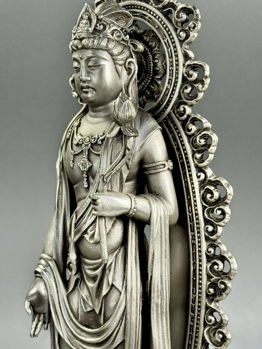 ◇櫟◇ 古美術品 高村光雲刀 洋銀製 聖観音菩薩像 33cm 1670g